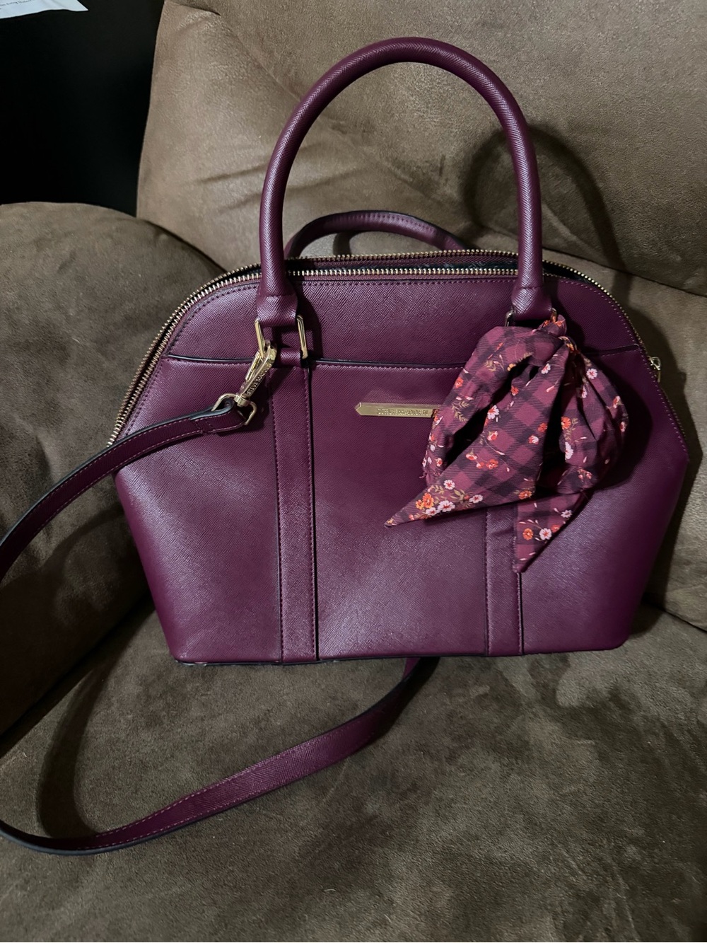 Steve Madden Plum Dome Satchel with Floral Scarf Accent